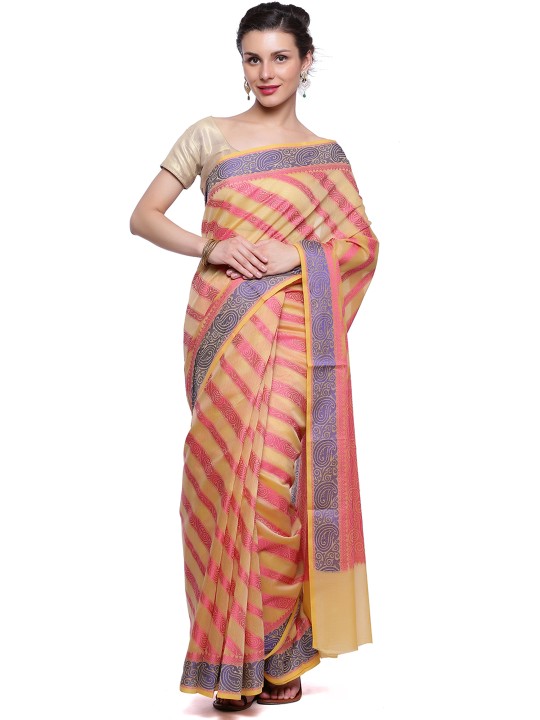Beige & Pink Art Silk Woven Design Banarasi Saree