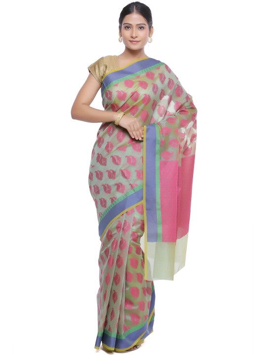 Green & Pink Art Silk Woven Design Banarasi Saree