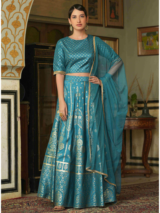 Juniper Women Teal & Gold-Toned Foil Printed Lehenga & Blouse With Dupatta