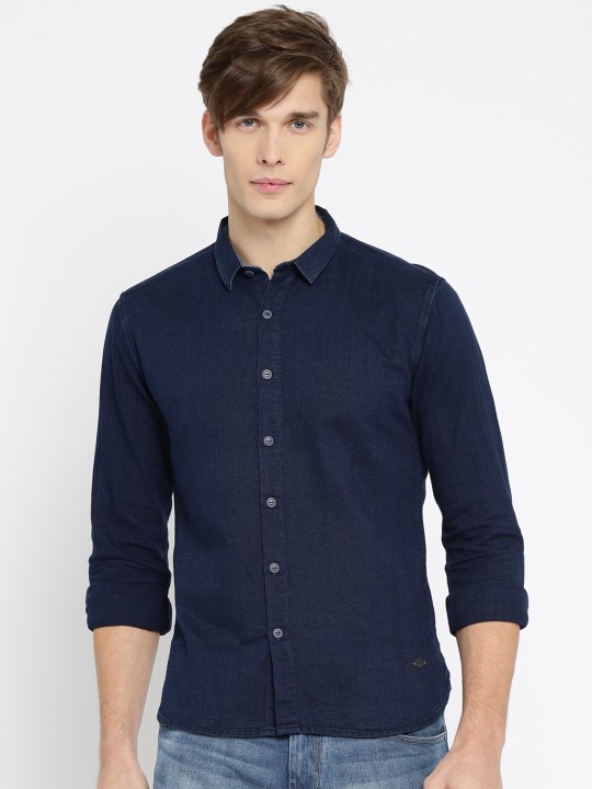 Men Navy Blue Slim Fit Solid Casual Shirt 38
