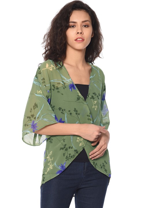 Green Floral Print Front Open Shrug S