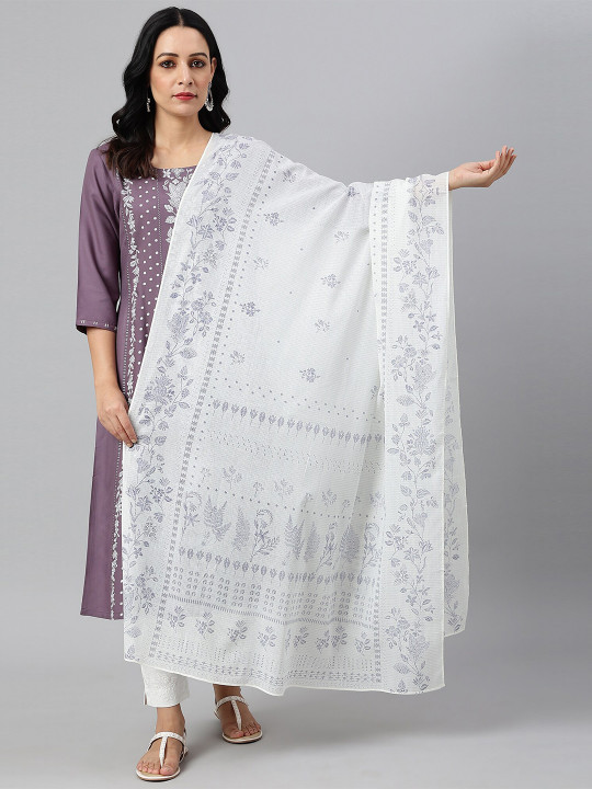 W White & Grey Embroidered Dupatta