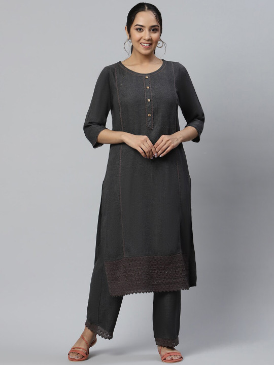 AURELIA Aurelia Women Grey Solid Viscose Kurta Set with Palazzos