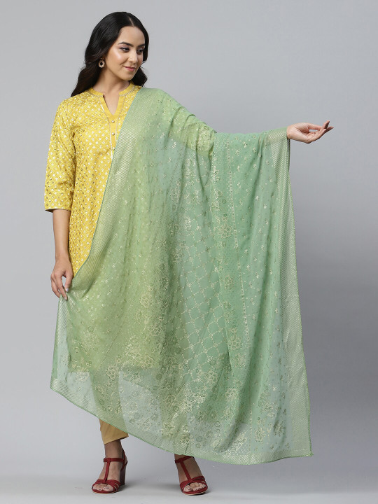 AURELIA Green & Gold-Toned Printed Dupatta With Zari