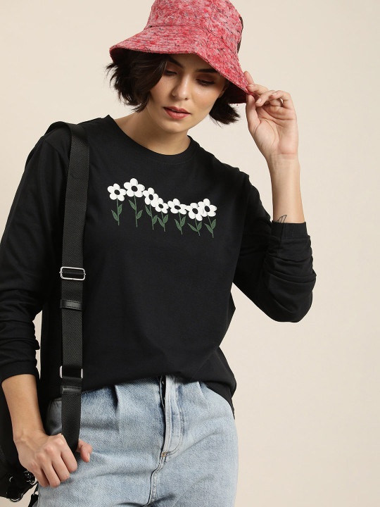 DILLINGER Women Black & White Printed Pure Cotton Loose Oversized T-shirt