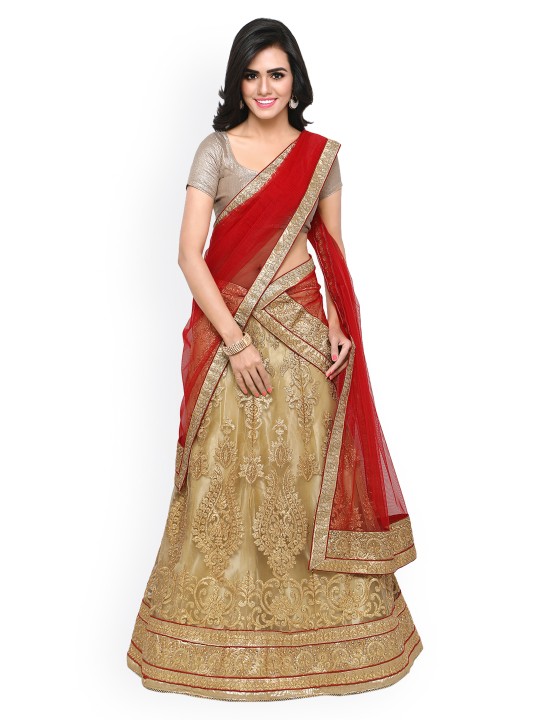 Gold-Toned & Beige Embroidered Unstitched Lehenga Choli with Dupatta