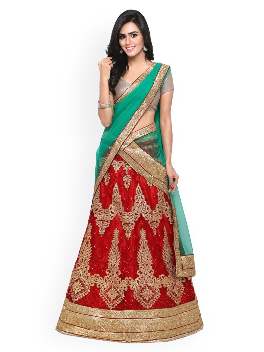Red & Beige Embroidered Unstitched Lehenga Choli with Dupatta