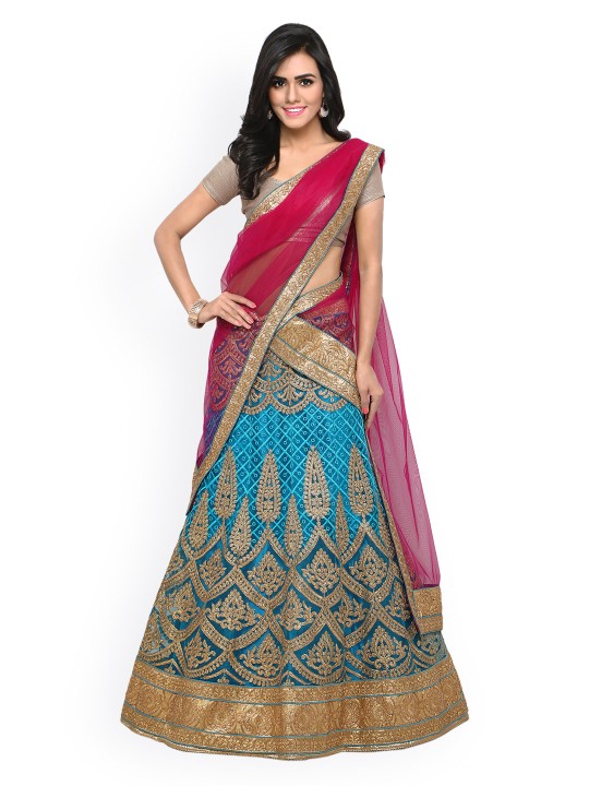 Blue & Beige Embroidered Unstitched Lehenga Choli with Dupatta