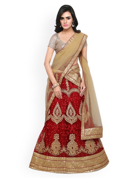 Red & Beige Embroidered Unstitched Lehenga Choli with Dupatta