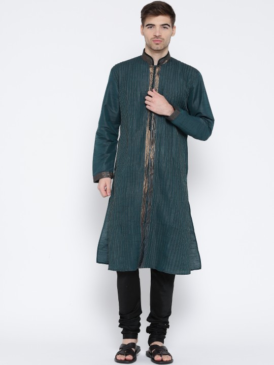 Men Green & Black Self-Striped Kurta with Pyjama S