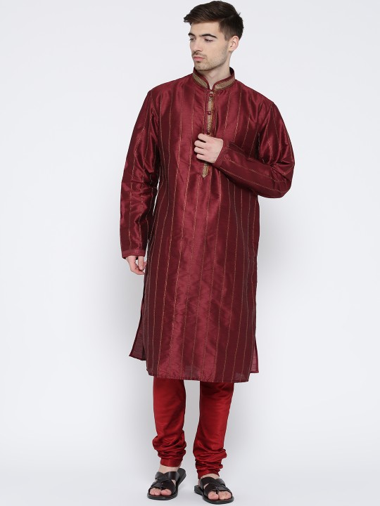 Men Maroon Self-Striped Kurta with Pyjama M