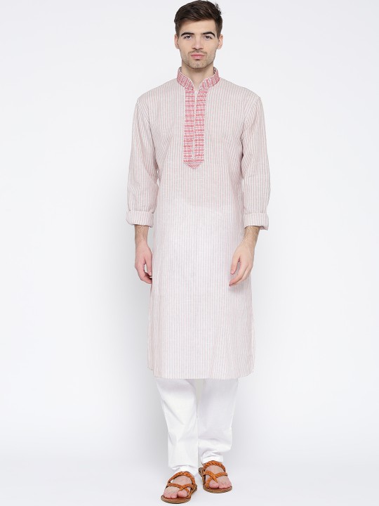 Men Red & White Self-Striped Kurta with Pyjama M