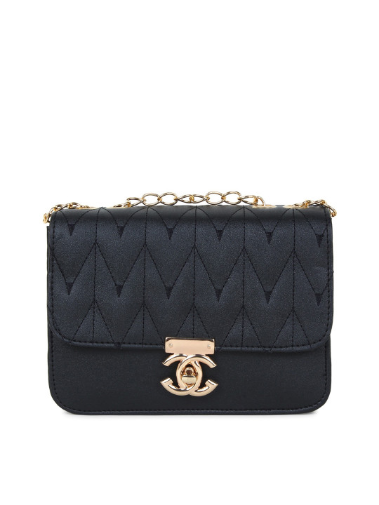 LIKAA Black Textured PU Structured Sling Bag with Quilted