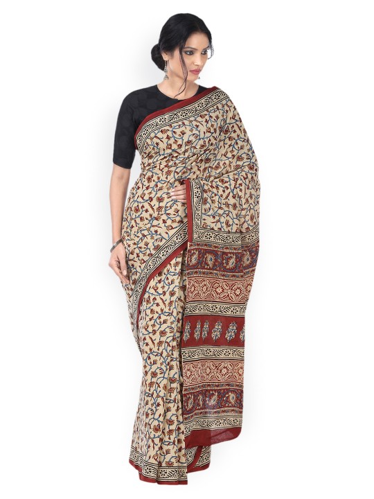 Red & Beige Kalamkari Hand Block Print Handcrafted Cotton Saree