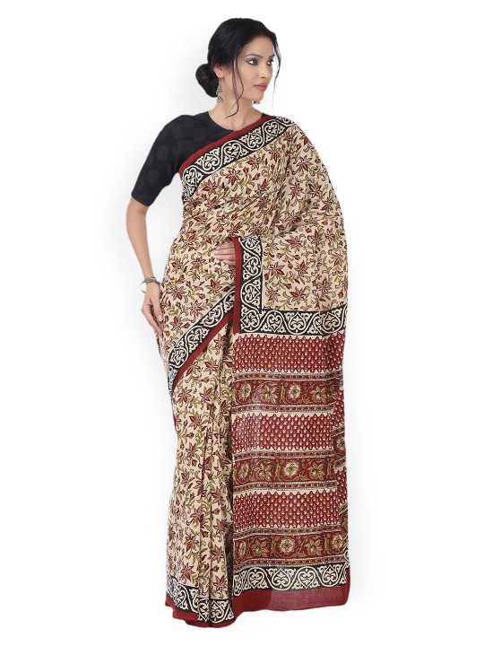 Red & Beige Kalamkari Hand Block Print Handcrafted Cotton Saree