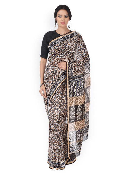 Beige & Maroon Chanderi Silk Kalamkari Hand Block Print Handcrafted Saree