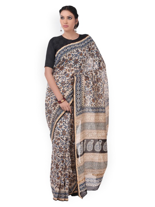 Beige & Maroon Chanderi Silk Kalamkari Hand Block Print Handcrafted Saree