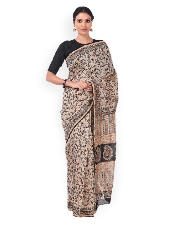 Beige & Maroon Chanderi Silk Kalamkari Hand Block Print Handcrafted Saree