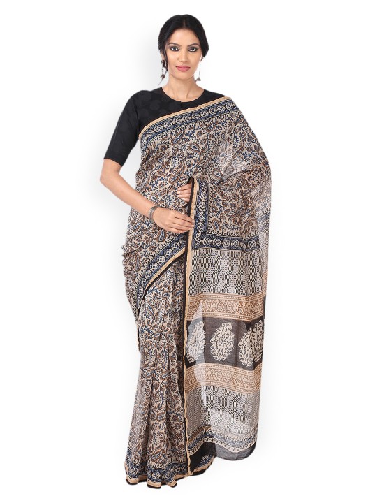 Beige Chanderi Silk Kalamkari Hand Block Print Handcrafted Saree
