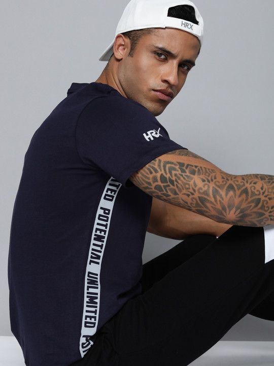 HRX by Hrithik Roshan Men Navy Blue Typography Printed Pure Cotton T-shirt
