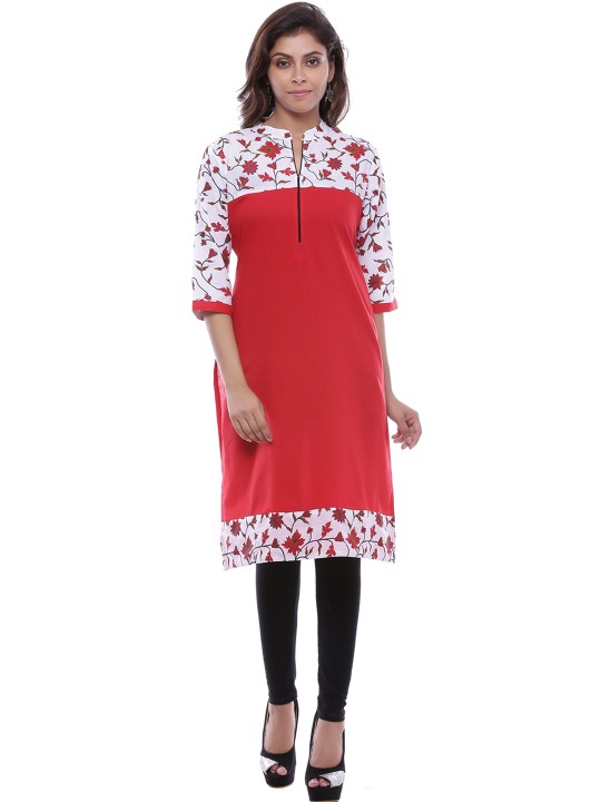 Women Red & White Colourblocked Printed Straight Kurta M