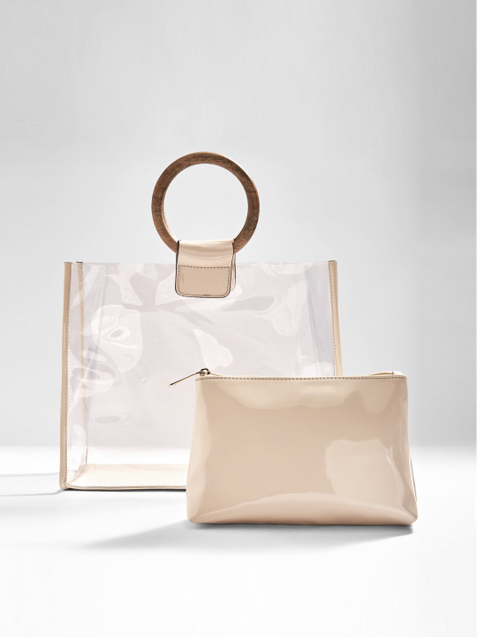 The Label Life Beige Leather Structured Wooden Handle Handheld Bag