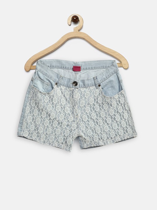 Girls Blue & White Solid Slim Fit Shorts 8-9Y