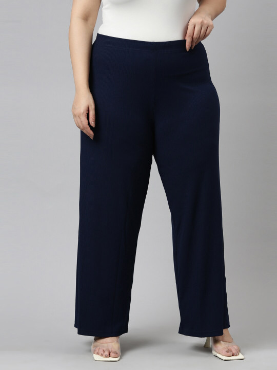 Go Colors Women Navy Blue Knitted Palazzos