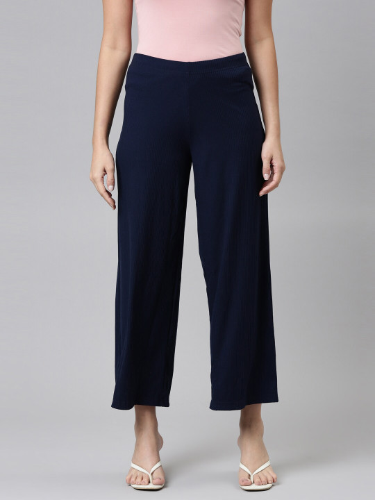 Go Colors Women Navy Blue Knitted Palazzos