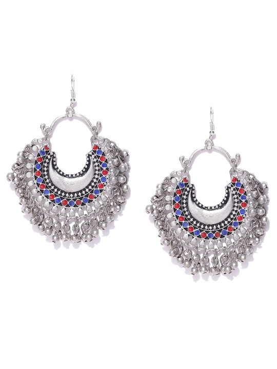 Oxidised Silver-Toned & Red Crescent-Shaped Chandbalis