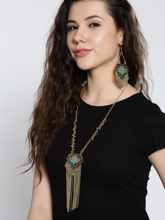 Antique Gold-Toned & Turquoise Blue Tasseled Jewellery Set
