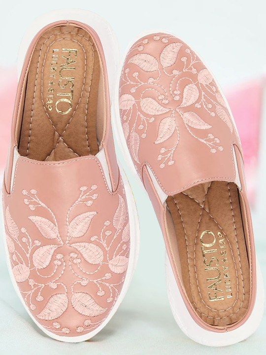 FAUSTO Women Peach-Coloured Textured PU Slip-On Sneakers