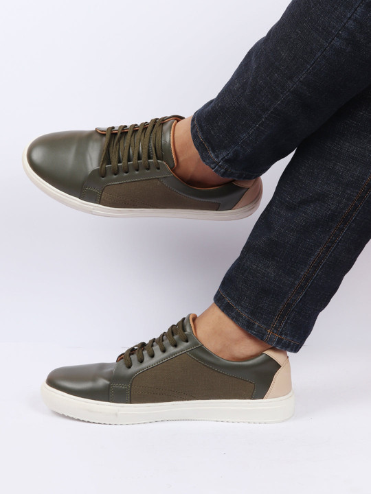 FAUSTO Men Olive Green Colourblocked Slip-On Sneakers