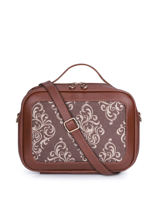 THE CLOWNFISH Abana Women Brown Ethnic Motifs Printed Structured Sling Bag with Top Handle
