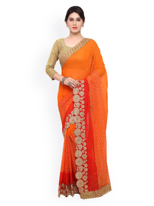Orange Solid Poly Georgette Saree