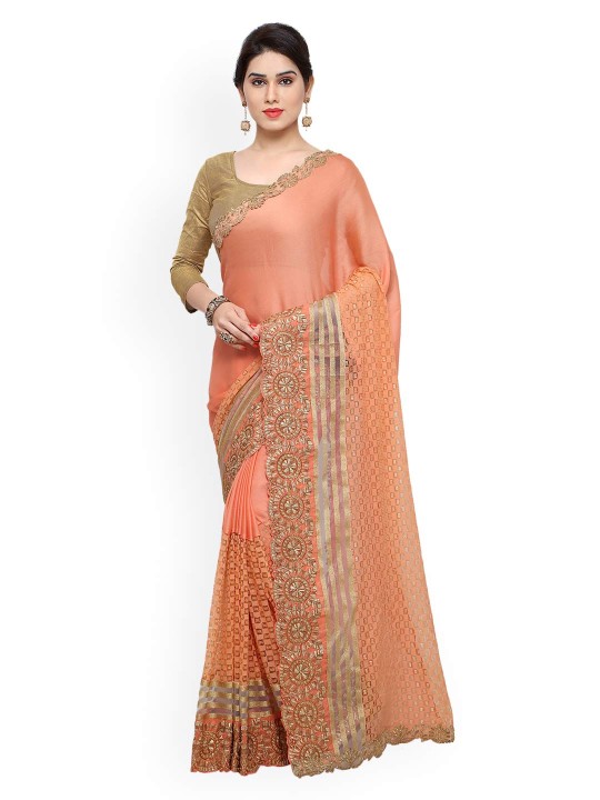 Peach Solid Poly Georgette Saree