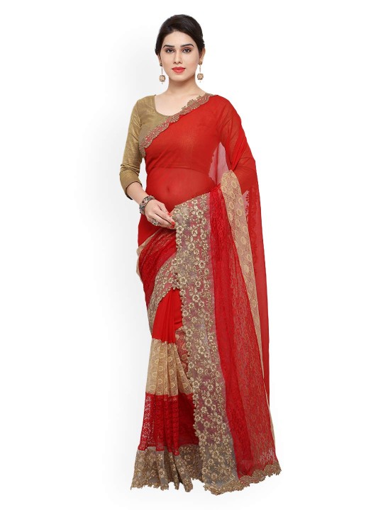 Red Solid Poly Georgette Saree