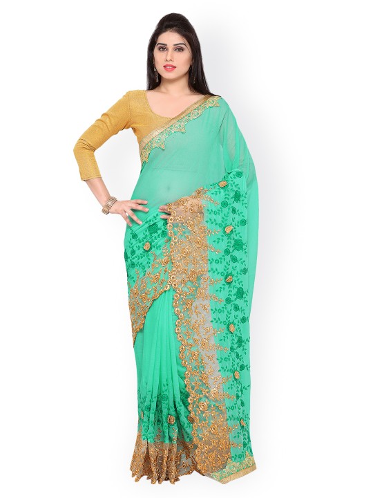 Green Embroidered Poly Georgette Saree