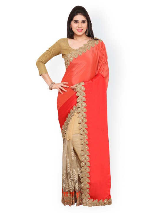 Orange & Beige Poly Georgette Solid Saree