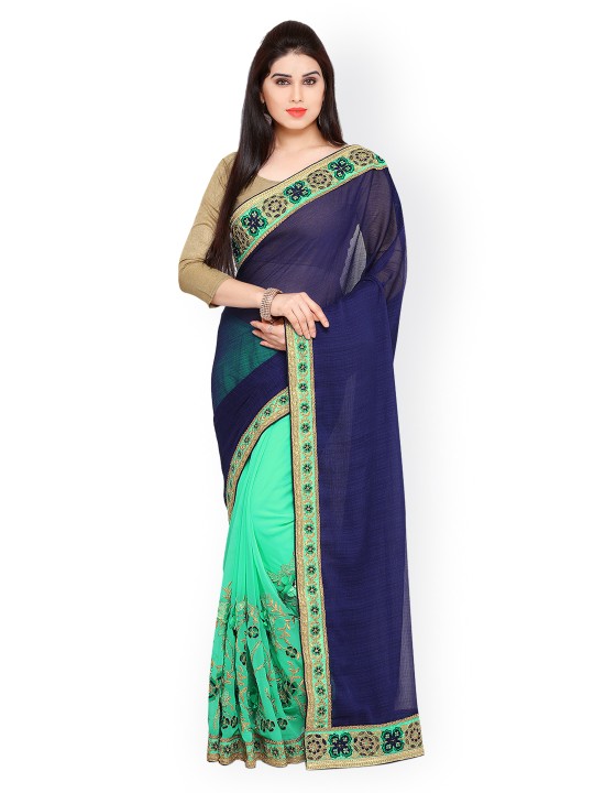 Green & Navy Blue Poly Georgette Embroidered Saree