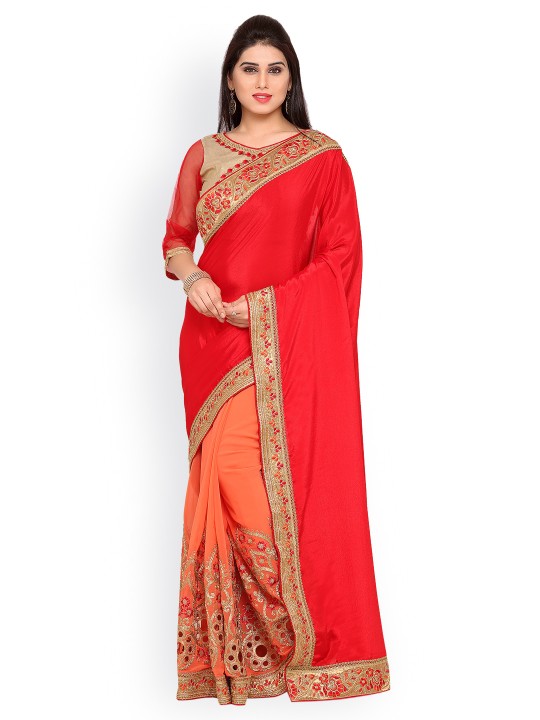 Peach-Coloured & Red Poly Georgette Embroidered Saree