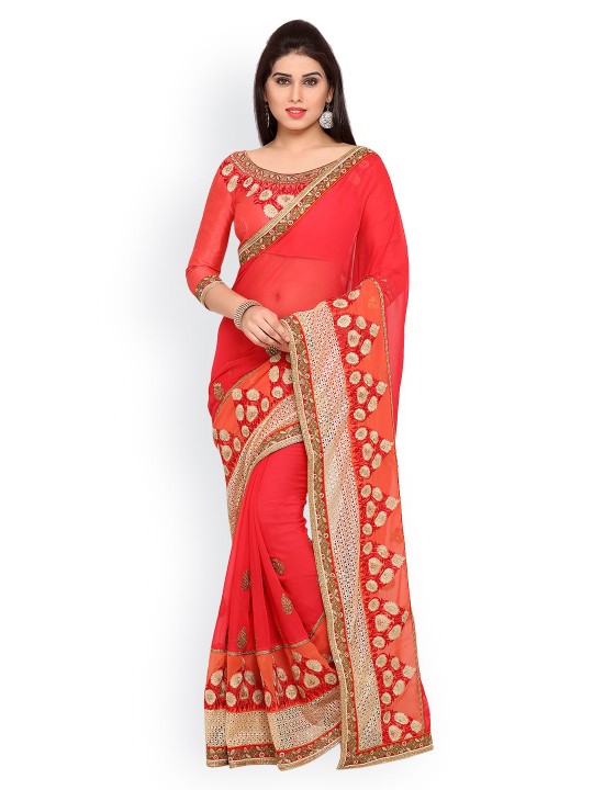 Coral Pink Embroidered Poly Georgette Saree