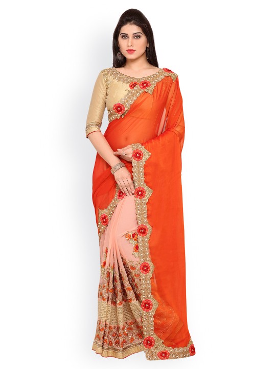 Orange & Peach-Coloured Poly Georgette Embroidered Saree
