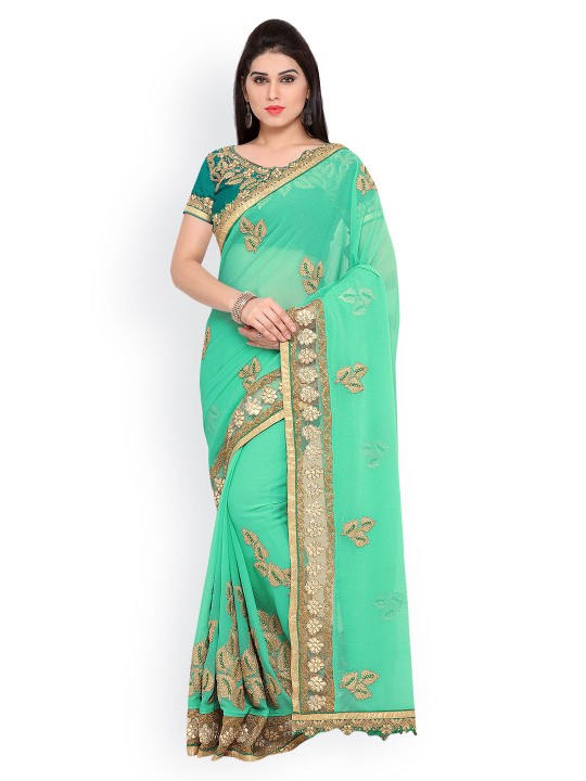 Green Embroidered Poly Georgette Saree