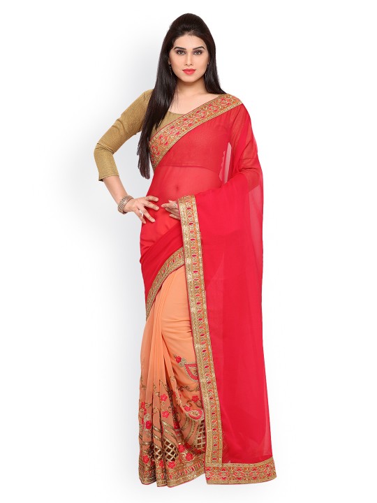 Peach-Coloured & Coral Pink Poly Georgette Embroidered Saree