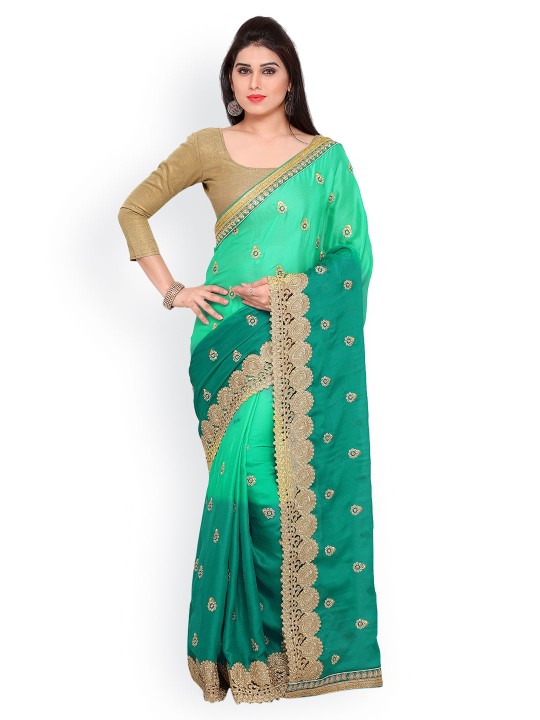 Sea Green Embroidered Poly Georgette Saree