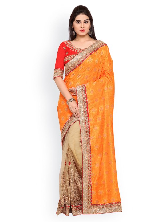 Beige & Orange Cotton Blend Woven Design Saree