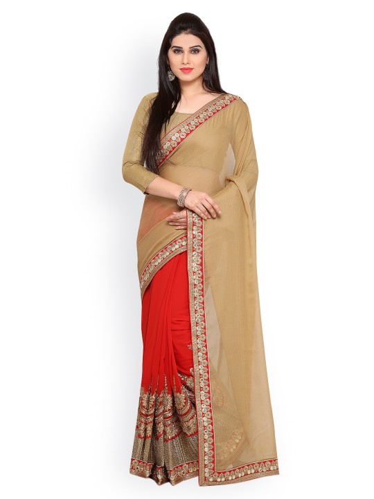 Red & Beige Poly Georgette Solid Saree