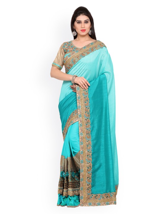Blue Solid Poly Georgette Saree