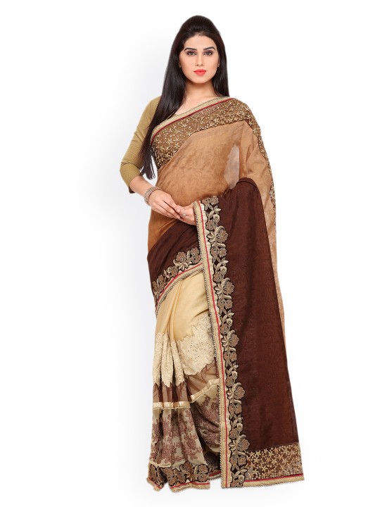 Brown Woven Design Poly Georgette Saree